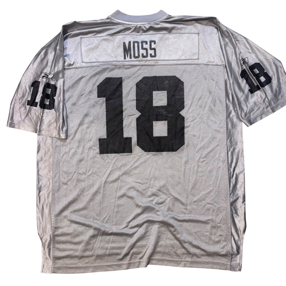 Vintage 2005 Reebok Randy Moss Raiders #18 Jersey 2XL XXL Silver NFL Y2K